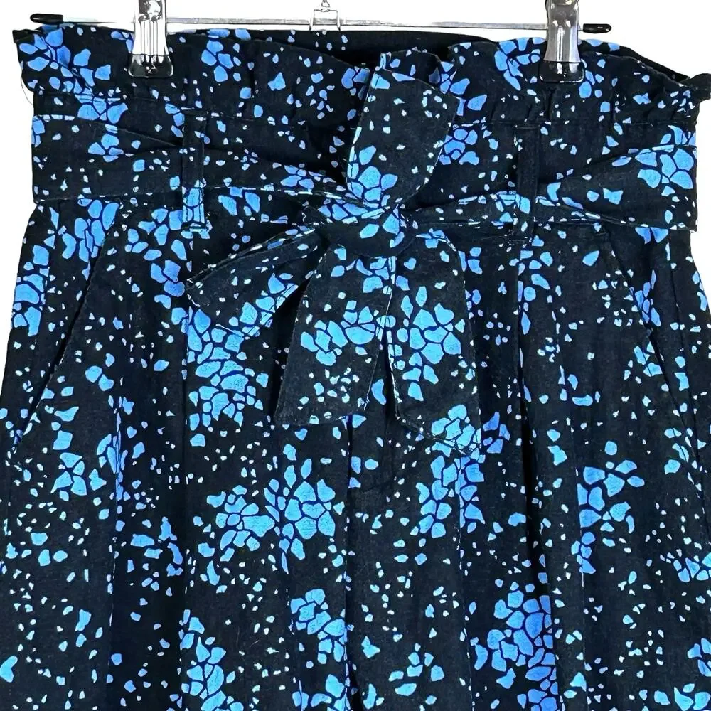 Who What Wear Paper Bag Shorts Size 2 Black Blue Coastal Linen Rayon Belted
